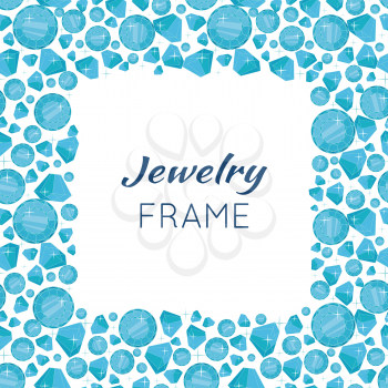 Jewelry square frame with space for text. Square frame made of blue shiny diamonds. Blue shiny diamonds on on white background. Diamond decoration. Vector illustration in flat.