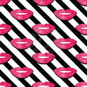 Seamless pattern patch smiling lips with teeth on striped background. Parted lips painted with red lipstick and white teeth. Cosmetic wrapping, covers. Fashion patch in cartoon 80s-90s comic style