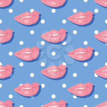 Seamless pattern patch smiling lips with teeth on polka dot background. Lips painted with pink lipstick and white teeth half open mouth. Cosmetic wrapping. Fashion patch in cartoon 80s-90s comic style