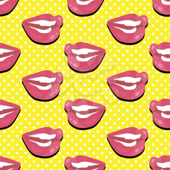 Seamless pattern patch smiling lips with teeth on polka dot background. Lips painted with pink lipstick and white teeth wide open mouth. Cosmetic wrapping. Fashion patch in cartoon 80s-90s comic style
