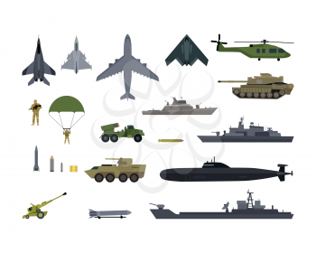 Military resources army icons set. War and ammunition, trunk airplane vehicle submarine army and bullet, ammo weapon, inventory gun, rocket and bazooka, automatic and launch, war ship. Vector