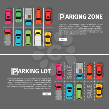 City parking vector web banner. Flat style. Shortage parking spaces. Large number of cars in a crowded parking. Urban infrastructure and car boom. Parking lot and parking zone