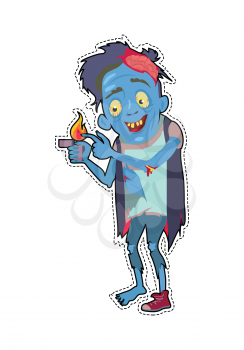 Zombie sticker with patch fashion pins character. Fictional being burning his finger and smiling. Funny zombie cooking himself. Halloween science fiction man in flat style. Vector illustration
