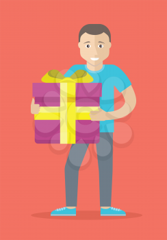 Giving present concept. Smiling man standing with gift box decorated ribbon and bow flat vector illustration isolated on red background. Birthday, valentine, christmas celebrating. For greeting card