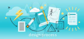 Design process banner flat concept. Process and procedure for the establishment of new creative design. Path from idea to finished projects. Drawing in pencil on sheet paper. illustration