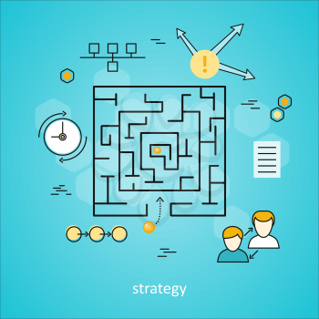 Strategy business background with different suitable elements. Square labyrinth with yellow balls on blue background. Concept of online business, business analysis, business strategy, brainstorm