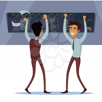 Business team work success concept. Online trading. Brokerage trading on the stock exchange vector in flat style design. Two businessman s enjoys success deal on stock market illustration.