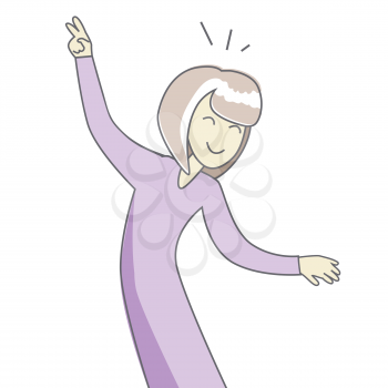 Happy woman in purple dress dancing. Woman dancing icon. Successful woman having fun and dancing. Woman rejoices, celebrates his victory, success. Line art. Isolated object on white background.