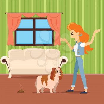Dog training vector concept. Flat design. Woman scolding dog because excrement on the carpet in the middle of the room. Pet problematic behavior. Attention and walks deficit. For cleaning company ad 
