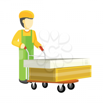 Man character in green and yellow uniform with heavy boxes on big trolley. Buying building materials in supermarket concept. Delivering overall goods. Flat design illustration for ad and icons.