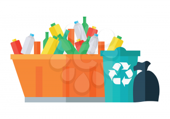 Containers for garbage vector illustration. Flat design. Huge street tank for waste full of glass and plastic bottles near bin with recycling sign and trash bag. Waste sorting and recycling concept.