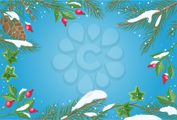 Vector frame with sweetbrier, pine tree brunches with snow on sides and blue gradient copyspace in the middle. Flat style. Celebrating winter holidays. For Christmas and New Year greeting cards design