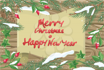 Merry christmas and Happy New Year vector concept. Flat design. Frame from snowy christmas tree, sweetbrier, ivy  branches, sheet of old paper on wooden background. Winter holidays celebrating symbols