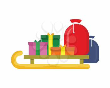 Christmas presents on the sledge on the white background. Toboggan with gift boxes. New Year and Xmas concept. Sleigh carrying cadeaus. Vector