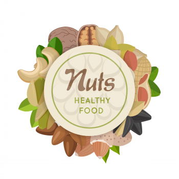 Nuts healthy food concept logo vector. Walnut, cashew, pistachio, peanut, almond, sunflower, pumpkin, flax illustrations for wallpapers, polygraphy textile web page design surface textures