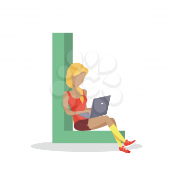Gadget alphabet. Letter - L. Woman with laptop sitting on letter. Modern youth with electronic gadgets. Social media network connection. Simple colored letter and people with electronic devices
