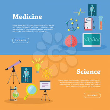 Medicine and science web banners. Laboratory template of flyear. Medicine infographic concept background. Scientific research, science lab, science test, technology illustration in flat.