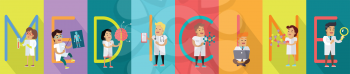 Medicine science banner. Human characters in white gowns with scientific instruments. Treatment concept. Health care. Vector illustration in flat style. For education sources ad, infographics, web