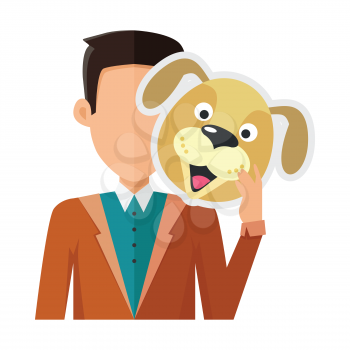 Brunet man character in pullover with dog mask in hand vector. Flat design. Masquerade animal clothing and party costume. Psychological portrait and hidden personality. Isolated on white background