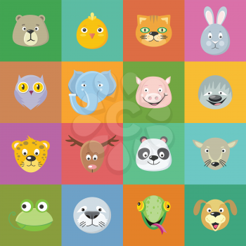 Collection of cute animal faces. Animal head icon set. Cartoon masks for masquerade, holiday, festival, halloween. Icons sticker of forest characters. Isolated object in flat design. Vector