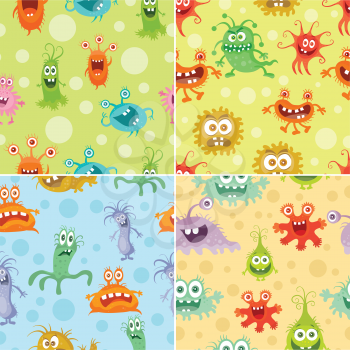 Set of seamless patterns with good and bad bacteria cartoon characters. Funny virus germs in flat style. Microbes endless texture. Dangerous organisms parasites. Wallpaper design. Vector illustration