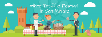 Festival of truffle festival in San Miniato web banner. Happy people selling tasty mushrooms on culinary holiday in Italy town, piggy, castle tower, trees vector illustrations on turquoise background