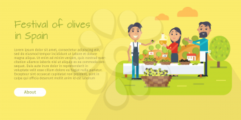 Festival of olives in Spain web banner. Flat style design. Spain entertainment festival. People sale olives and olive oil at market. Best price. Man and woman. Holiday event. Vector illustration