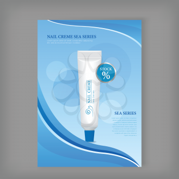 Nail cream sea series. White plastic tube for cosmetics on blue background. Product for body and skin care, beauty, health, freshness, youth, hygiene. Realistic vector illustration.