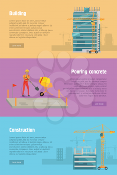 Building. Pouring concrete. Construction. Stages of house building. Construction of residential houses banners set. Big building dormitory area. Icons of construction machinery. Vector illustration