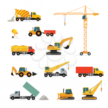Set of heavy construction machines. Flat design vector. Collection of cargo trucks, tractors, cranes, concrete mixers, excavator, loader. For construction theme illustrating, building companies ad