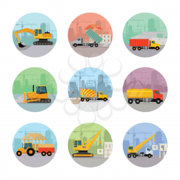 Set of construction machines icons. Flat style vector. Illustration of excavator, dump lorry, tipper, bulldozer, concrete mixer, tank truck, tractor, crane working on building sites. Isolated on white