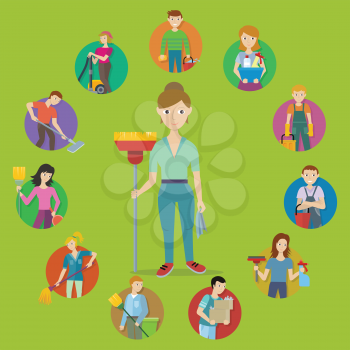 Cleaning service concept vector. Flat design. Vector in flat style. Collection of people characters with tools for cleaning in house. Illustration for housekeeping companies and services advertising