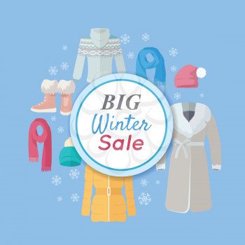 Big winter sales vector concept. Flat design. Warm womens clothes, shoes and accessories for cold season on blue background with snowflakes and sticker with text For store discounts ad design