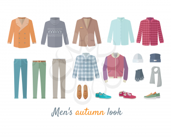 Mens autumn look apparel set. Men's clothing. Outerwear. Mens look, shoes, accessories. Autumn winter collection. Stylish fashionable clothes. Best world brands trends. Vector in flat style design