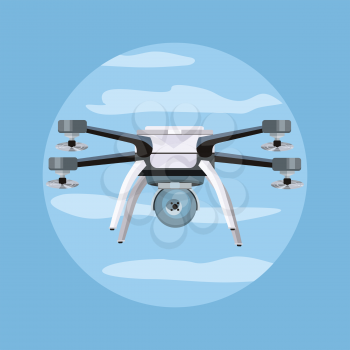 Flying drones vector illustration. Flat design. Drone with four propellers and mounted camera. Modern technology. Unmanned aerial vehicle. For store ad, spy concepts, app icons