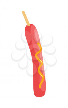 Sausage on stick with mustard vector. Flat design. Fast food. For food concepts, diet infographics, icons or web design, street restaurant menu and advertising. Unheathy nutrition. Isolated on white