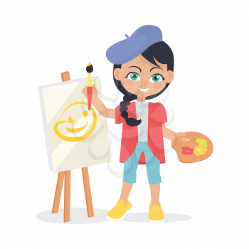 Girl drawing on easel isolated on white. Adorable little girl has leisure time. Young painter at drawing lesson. Toddler at playground draws a picture in flat style design. Daily activity. Vector