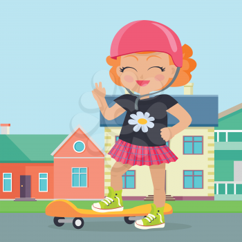Young girl in helmet skateboard in park. Smiling skater. Female character in helmet jumping on skateboard. Sports equipment flat illustration. Summer fun and healthy life. For sport concepts