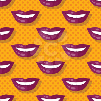 Seamless pattern patch smiling lips with teeth on polka dot background. Parted lips painted with red lipstick and white teeth. Cosmetic wrapping, covers. Fashion patch in cartoon 80s-90s comic style