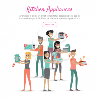 Kitchen appliances. Set of people on store sale. Flat design vector. Man and woman happy characters holding different goods with sale stickers. Home technic, electronic devices, household shopping