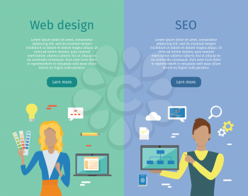 Web design, SEO infographic concept set. Man and woman with laptop presents new web design on background with communication and design icons. Website development project, SEO process information.