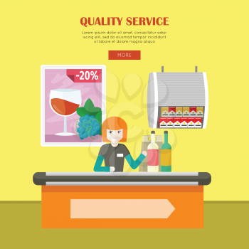 Quality service in supermarket vector banner. Flat style. Smiling woman cashier sits behind the cash register and ringing drinks. Comfortable and fast purchases illustration for store web page design.
