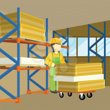 Equipment delivery process of warehouse. Interior, logisti and factory, loader man in building exterior, business delivery, storage cargo. Unloading disembarkation unshipping of goods. Vector