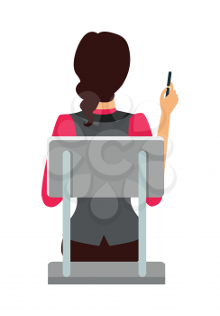 Woman sitting on the chair and pointing on something by pen. Back view. Women at work. Endless work seven days a week. Working moments. Part of series of work at the office. Vector illustration