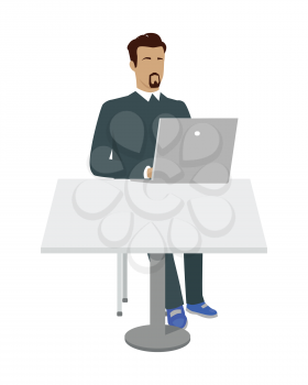 Business man working with laptop in office. Man in blue sweater sitting at the table and using laptop. Businessman at the workplace. Isolated object in flat design on white background.