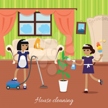 House cleaning. Two girls in blue uniform and white apron make the house cleaning. Women in light living room with sofa, window, wardrobe vacuum the carpet and water the flowers. Vector illustration