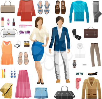 Vector illustration collection of different types of clothes for man and woman. Fashion, skirt, suit, blouse, glasses, bag, scarf and others. Selection appearance on day. Modern apparel in flat style