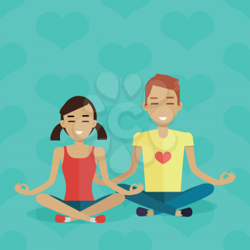 Meditation vector concept in flat design. Young red-head boy and brunet girl in sportswear meditating in lotus position. Common interests and hobby. For yoga club ad. On blue background with hearts