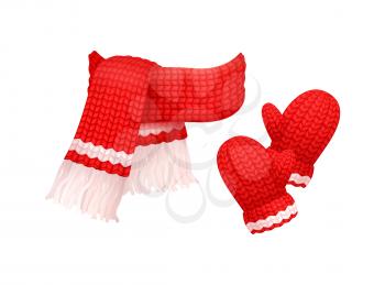 Woolen mittens and knitted scarf with white threads isolated vector. Winter neckcloth and gloves made of cachemire, fashion handmade wintertime cloth