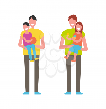 Fathers day poster with two dads holding son and daughter on arms. Happy fatherhood concept vector isolated. Children and parents together